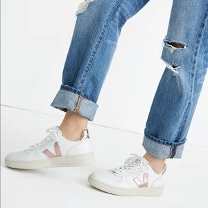 Veja Leather V-10 Lace-Up Sneakers in White with Metallic Pink Accents size 9
